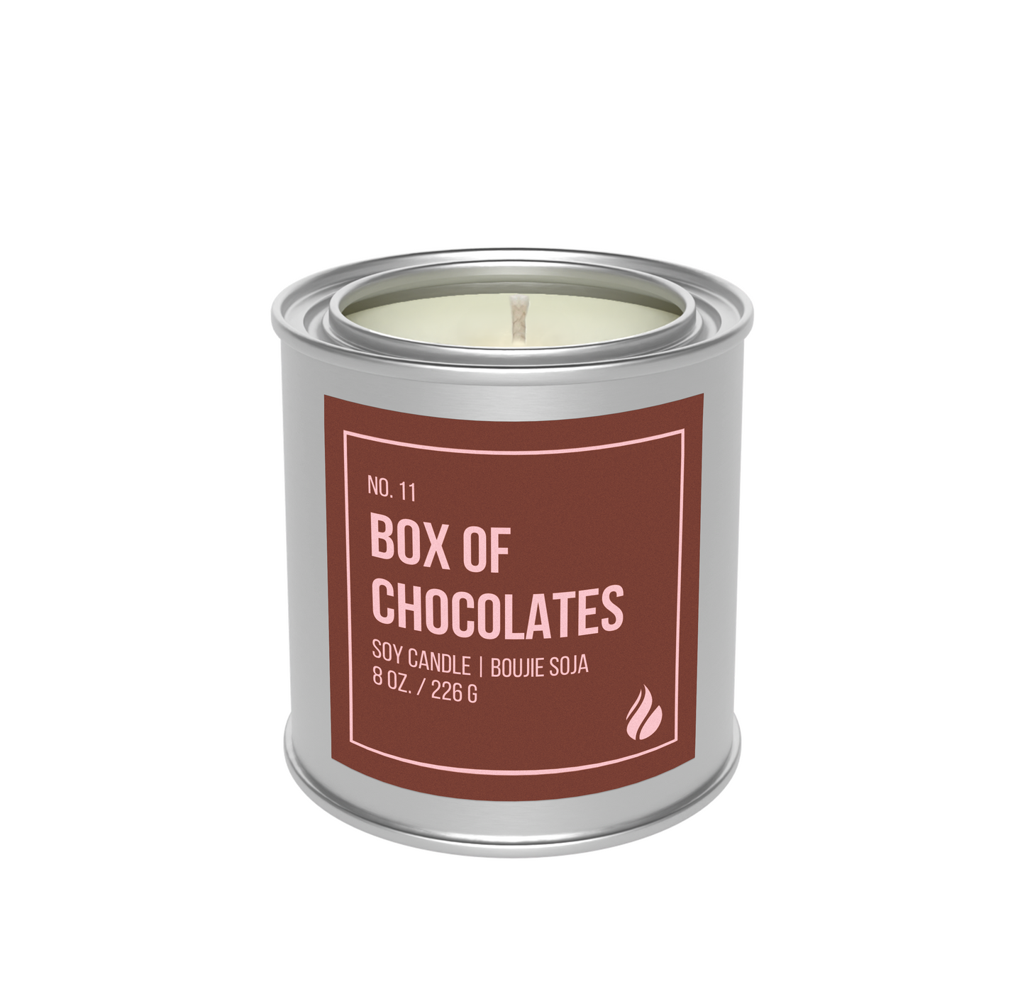 Picture of Box of Chocolates Paint Can Candle against a blank white background.