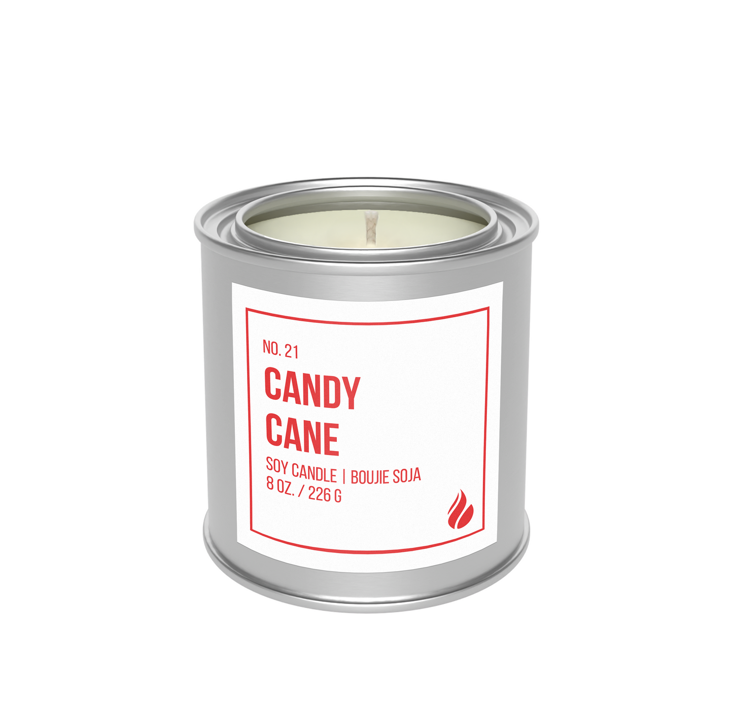 Picture of No. 21 - Candy Cane candle mockup against a white background.