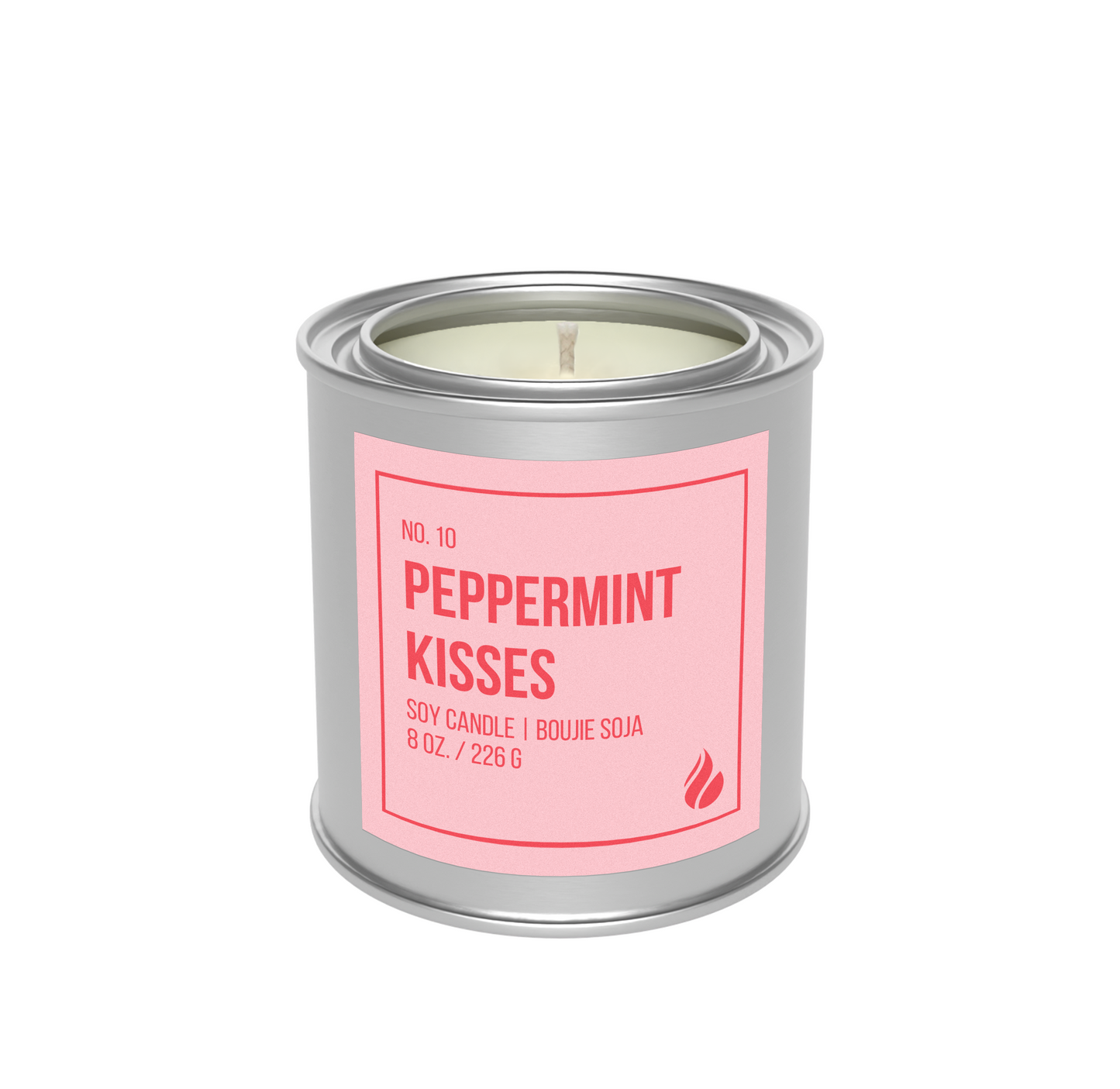 Picture of Peppermint Kisses Paint Can Candle against a blank white background.