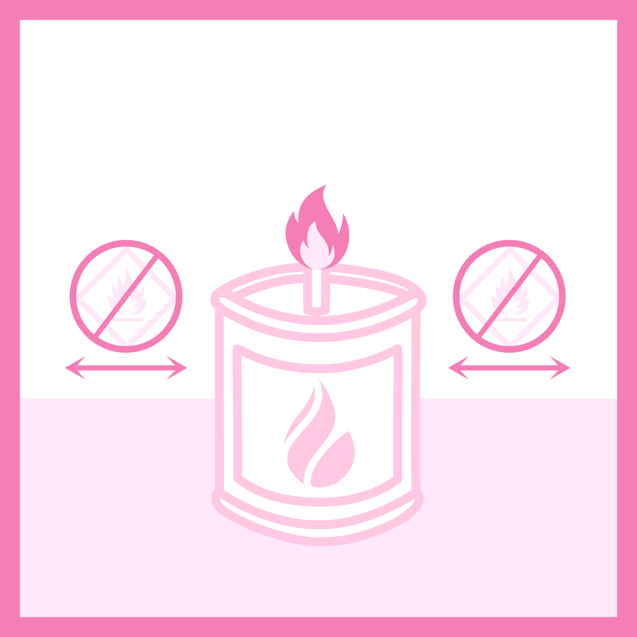 Candle care illustration featuring a picture of a candle burning, two flammable symbols on each side of the candle with a circle crossing those symbols indicating that the candle should not be net to flammable material while burning.