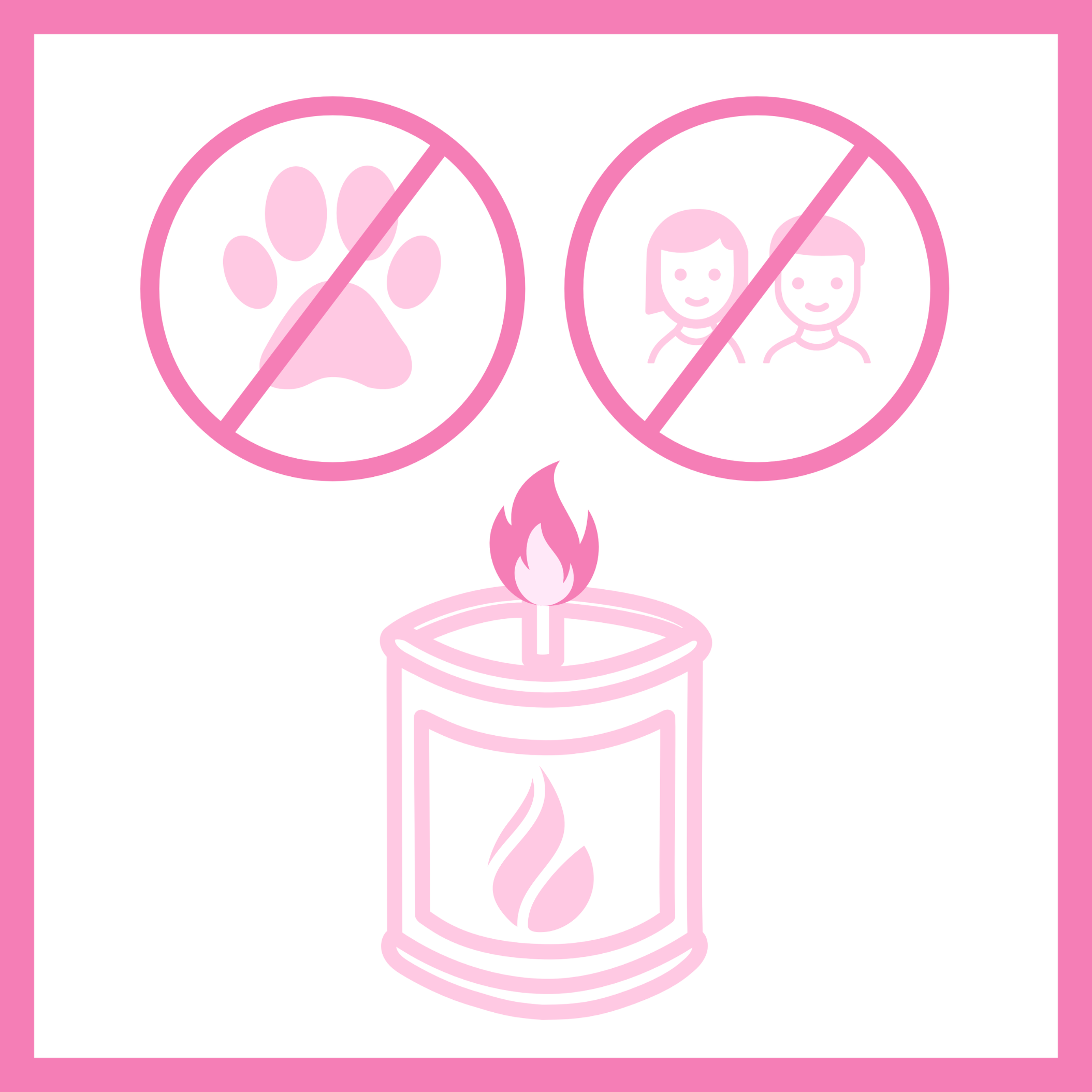 Candle care illustration featuring a picture of a candle burning with two symbols above it. One is featuring a paw print and the other is featuring children. There is a circle cross symbol on top of the symbols indicating to the user to keep away from kids and pets while burning.