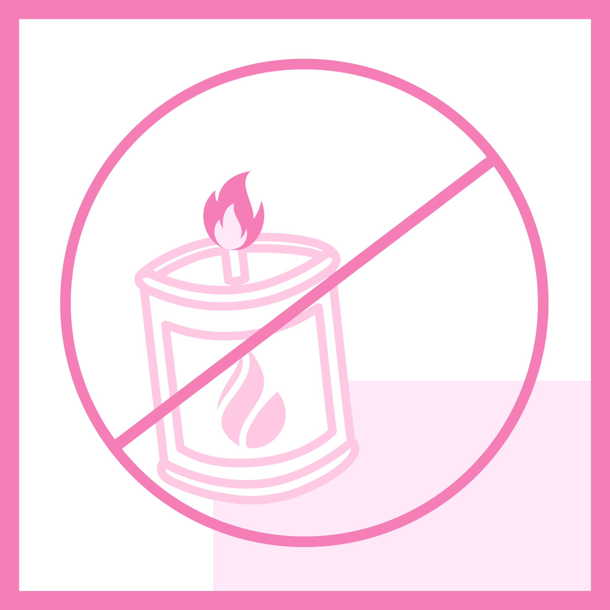 Candle care illustration featuring a picture of a candle burning crossed off. The candle is falling off a ledge indicating to the user that candles need to be on stable surfaces.