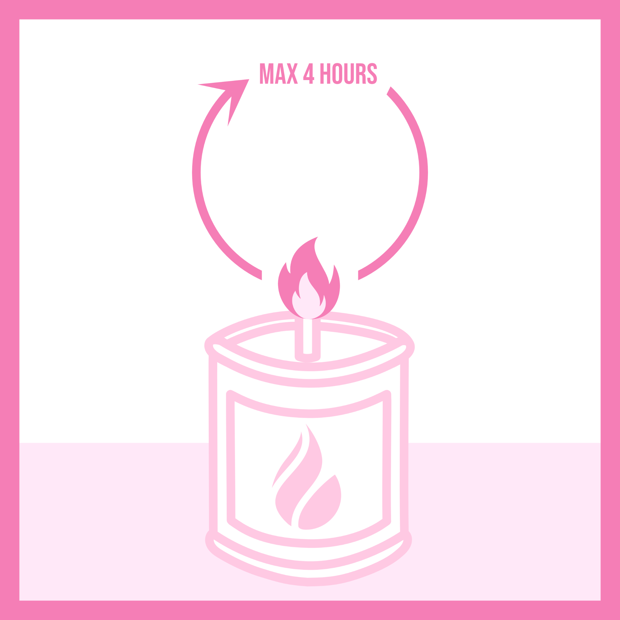 Candle care illustration featuring a picture of a candle burning and text above saying "Max 4 Hours". This is to show that you should not exceed 4 hours of burning.