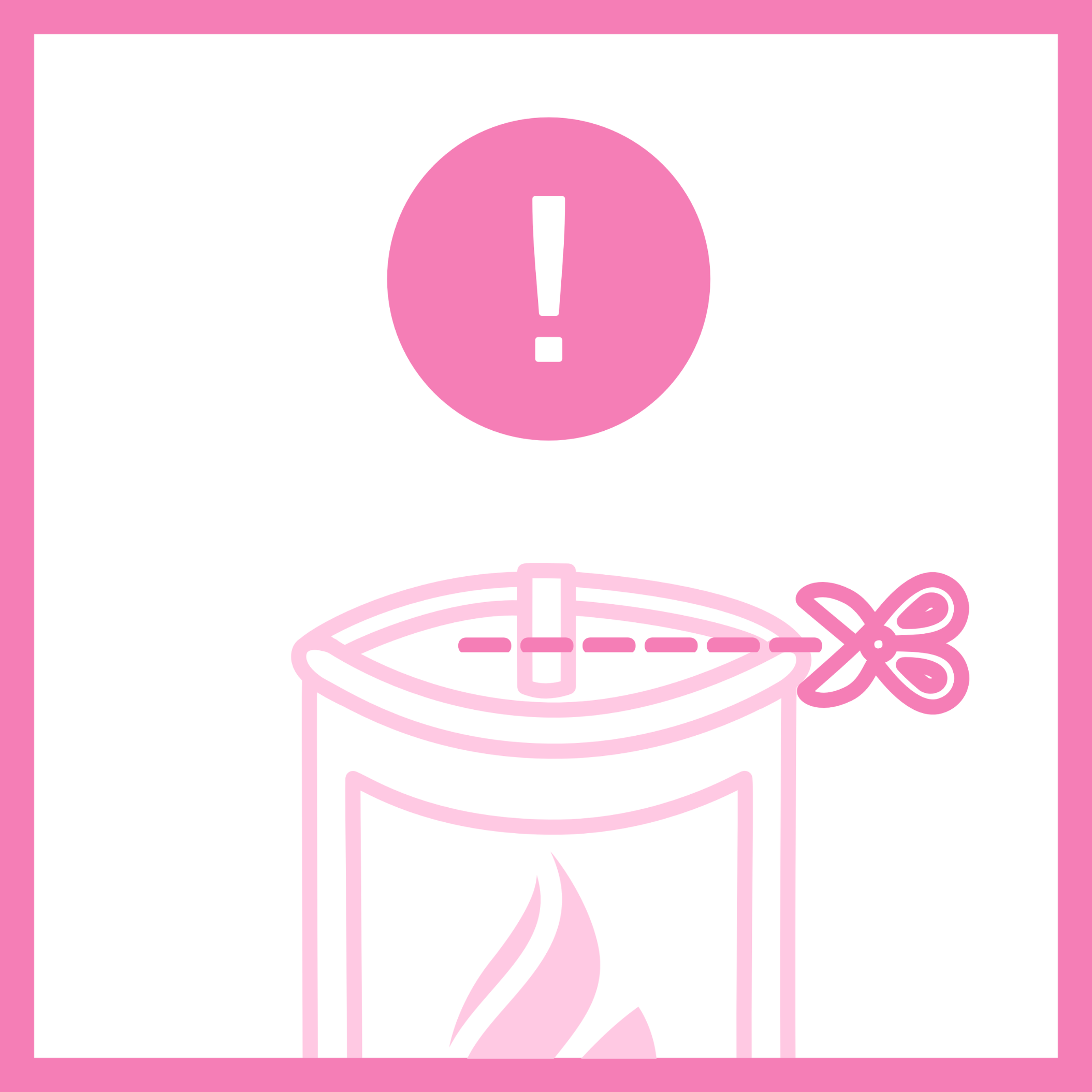 Candle care illustration that features a candle at the bottom, a cut line across the wick with a scissors icon on the right end, and a pink circle with a white exclamation mark on top of it located above the candle. This is the symbol for if they're experiencing issues, they should trim the wick.