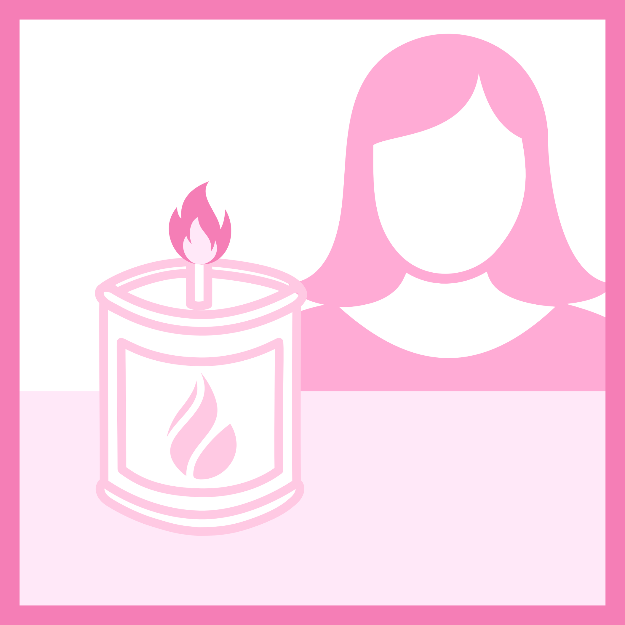 Illustration of a burning candle on the left side sitting on a table next to an illustration of a person on the right. This is the symbol for never leave your candles unattended.