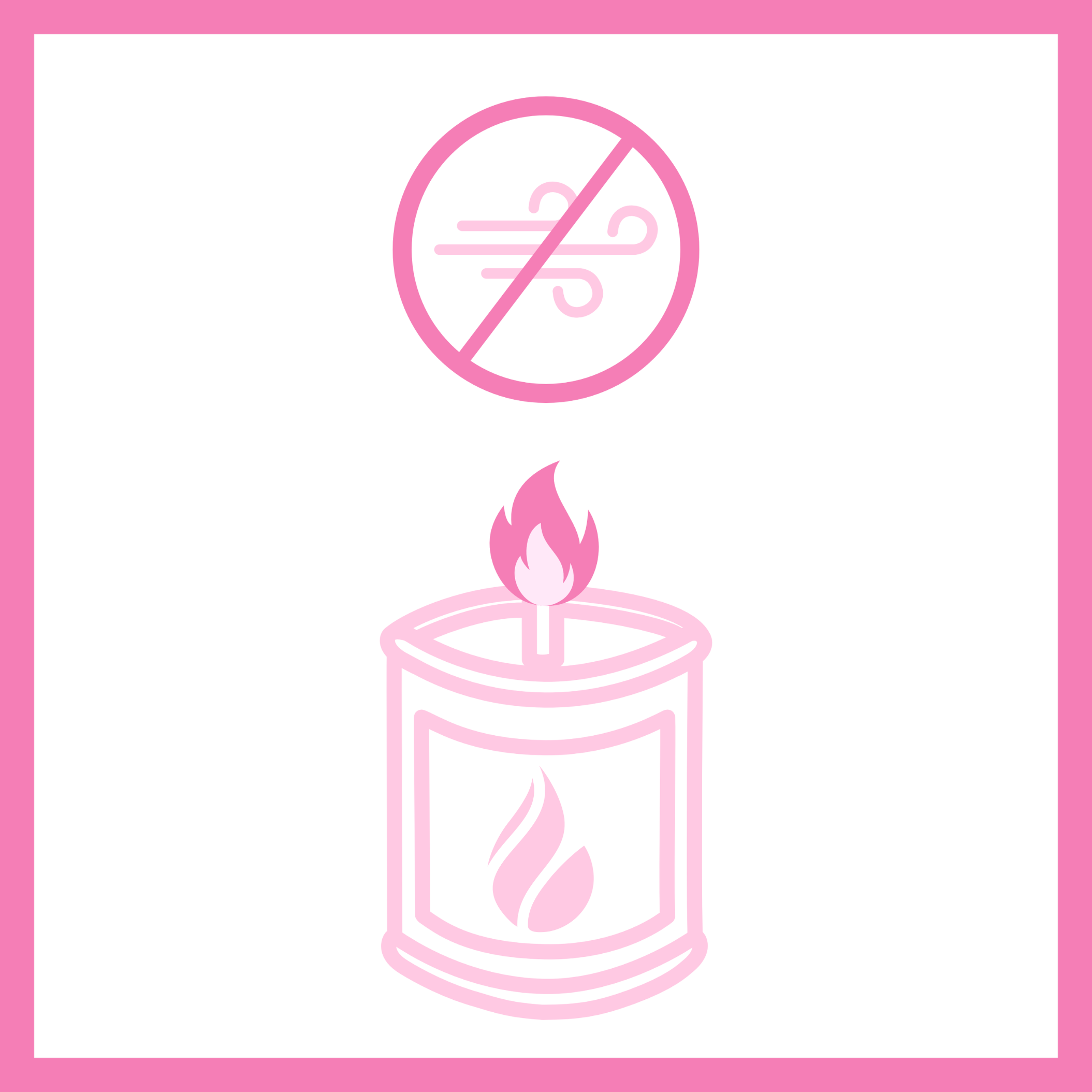 Illustration of burning candle with a symbol of wind above it that is crossed out. This is a symbol for not burning your candles where there are drafts.