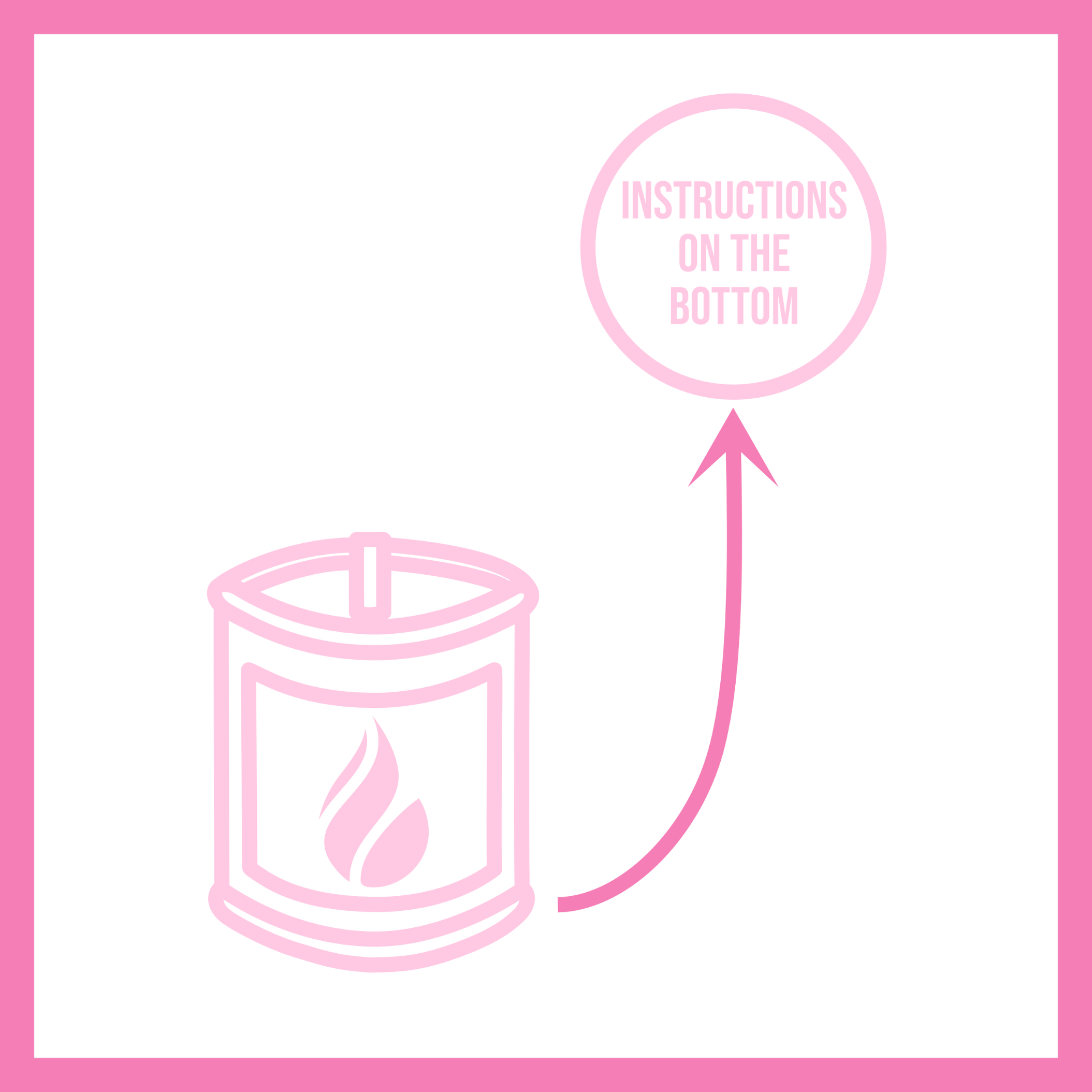 Illustration of candle on the bottom left with an arrow coming out of it pointing to the top right at a circle with text in the middle saying "Instructions on the bottom."