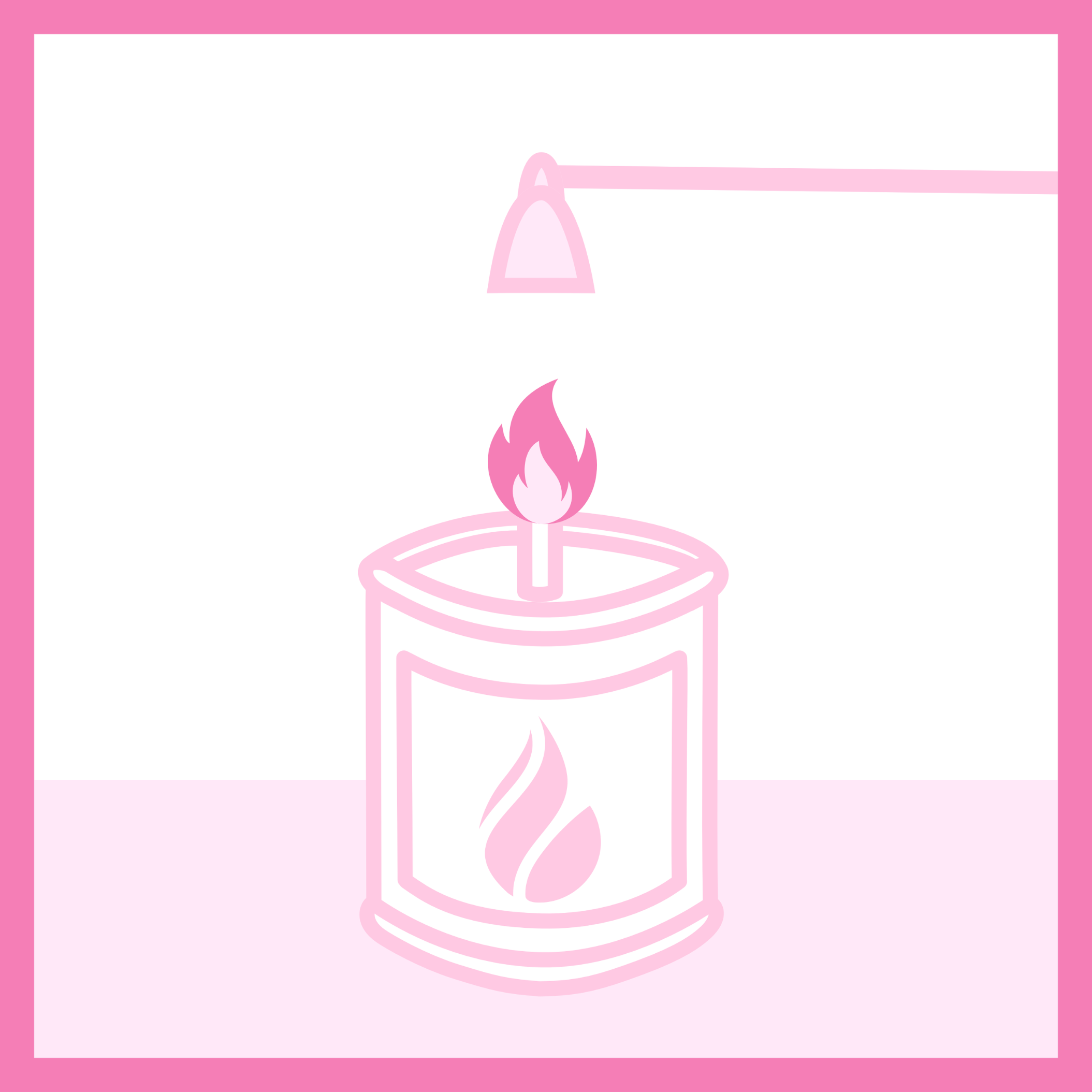 An illustration of a burning candle with an illustration of a snuffer directly above it. It is a symbol for gently blowing the flame or cover the flame with a snuffer to extinguish it.