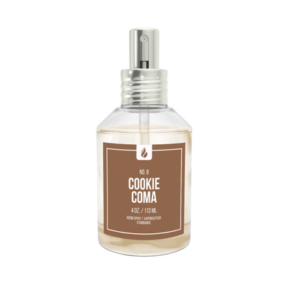 Picture of a Cookie Coma room spray against a white background.