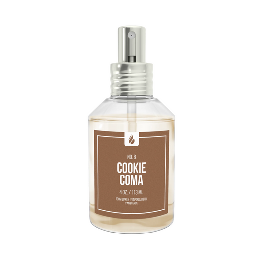 Picture of a Cookie Coma room spray against a white background.