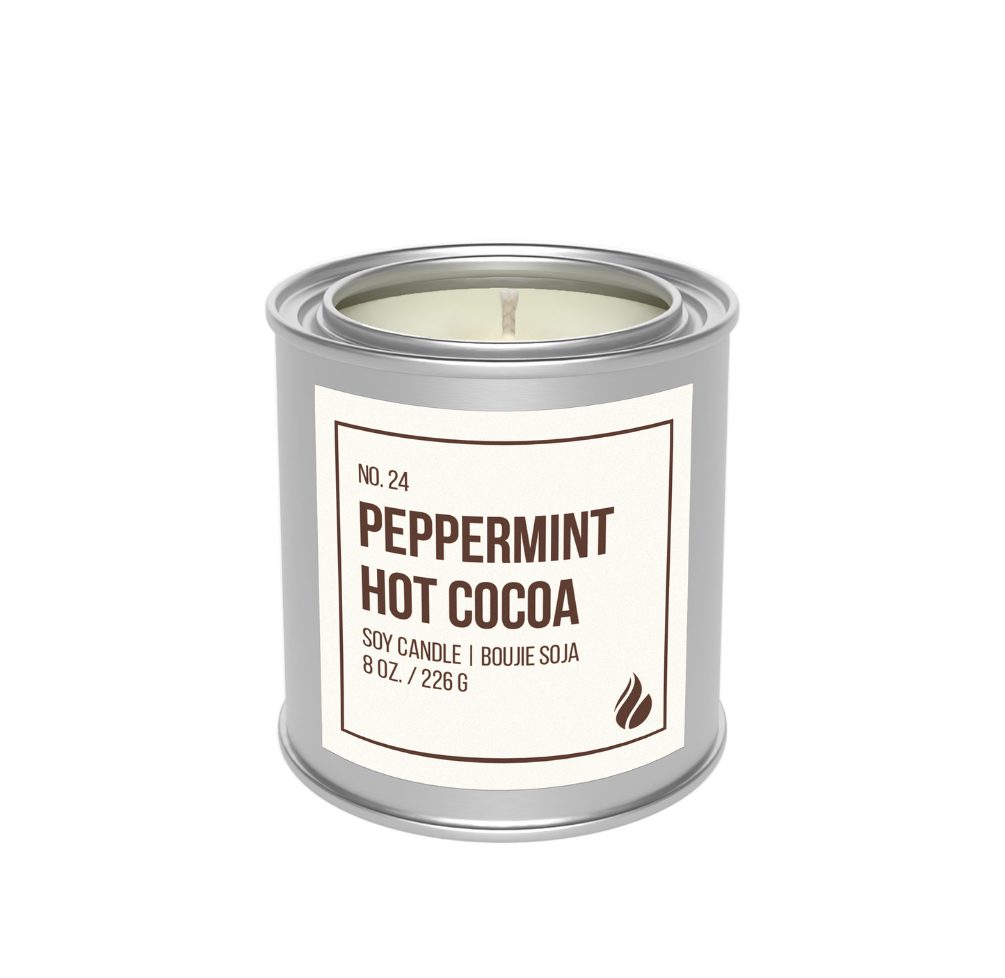Candle in a metal paint can labeled 'Peppermint Hot Cocoa' on a white background.