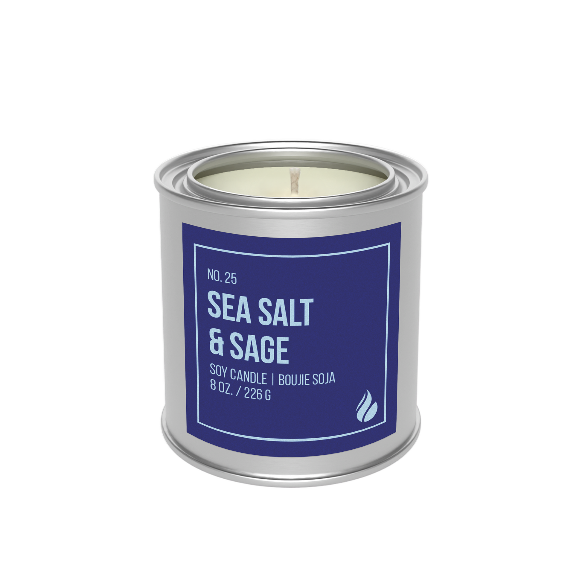 Candle in a metal paint can labeled 'Sea Salt & Sage' on a white background