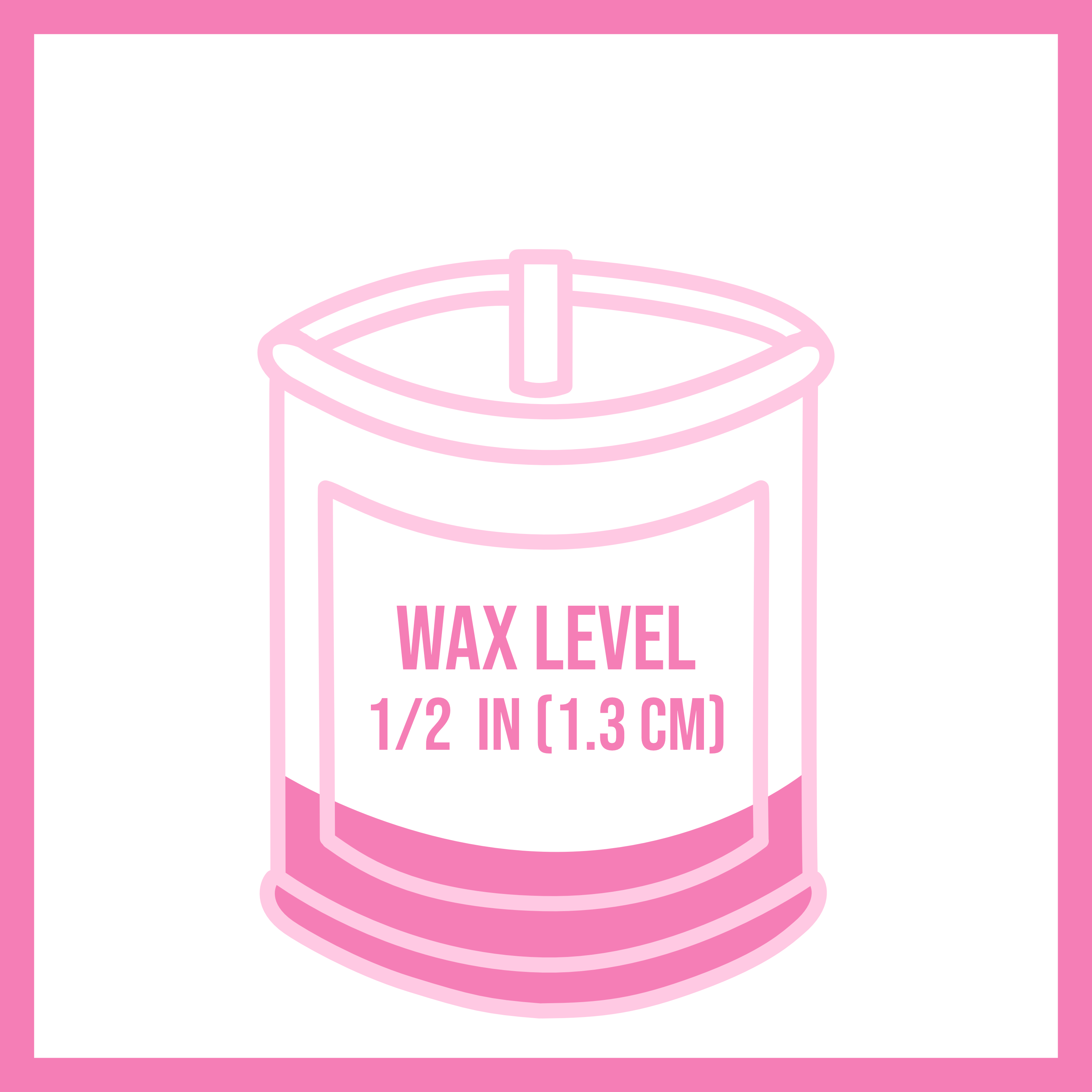 Candle care illustration featuring a picture of a candle with text located on the label of the candle that says "Wax Level, 1/2 in (1.3cm). This lets user know that is is not recommended to burn the candle beyond this point.